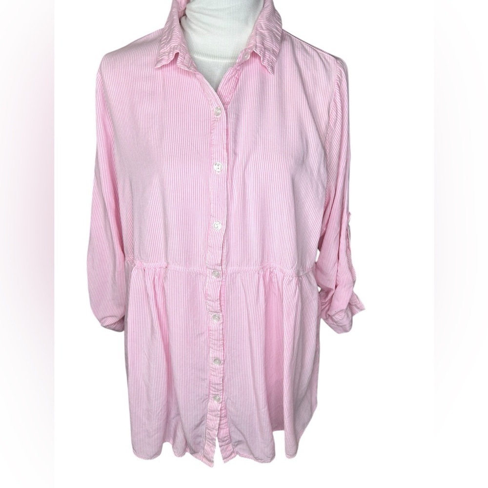 Solitaire babydoll tunic button down blouse pink white stripe size 1X
